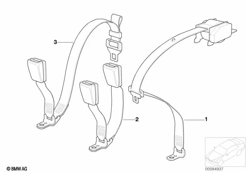 Rear left upper belt for BMW 3 Series E36 (OEM 72118191861). Original BMW.