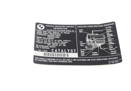 Cartel de advertencia de gases de escape para BMW Serie 3 E36 (OEM 71211437394). Original BMW