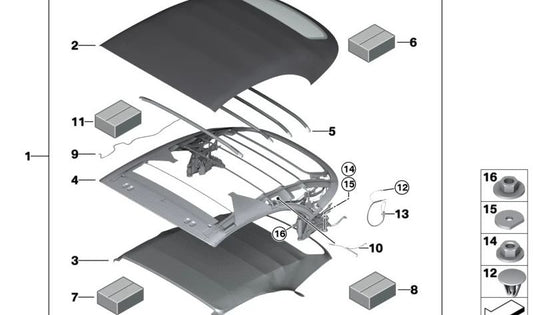 Komponenten des Haubenmechanismus für BMW 8er F91, G14 (OEM 54349448947). Original BMW.