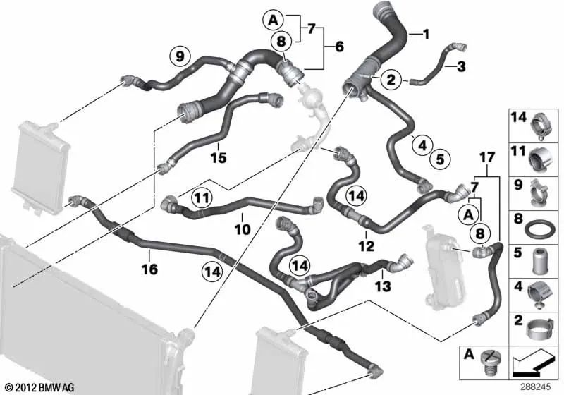 Manguera de refrigerante para BMW F20, F21, F22, F23, F30, F31, F34, F35, F32, F33, F36 (OEM 17127624676). Original BMW.