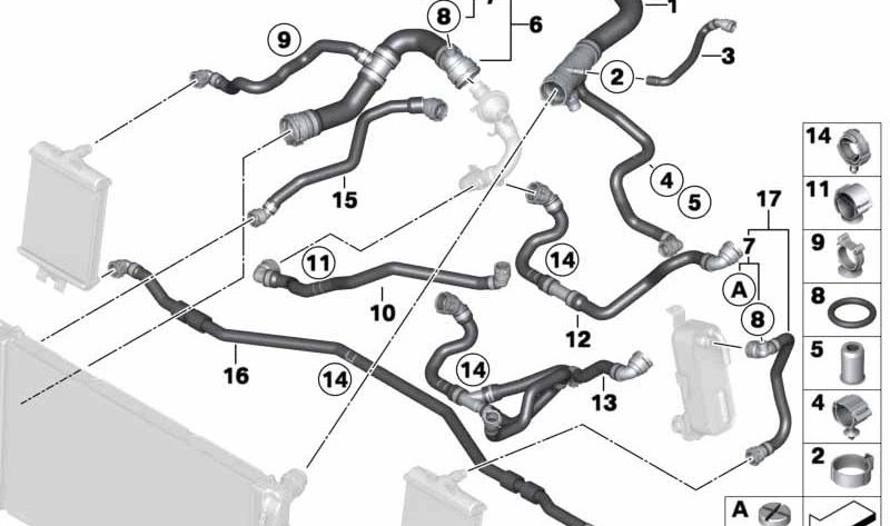 Manguera de refrigerante OEM 17127625383 para BMW F22, F30, F34, F32, F36. Original BMW.