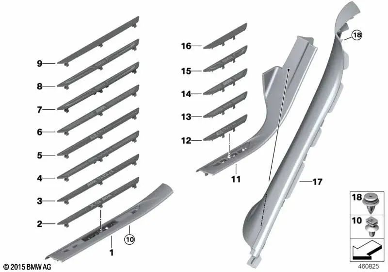 Listón de cobertura entrada delantera derecha para BMW X5 F15, F85, X6 F16, F86 (OEM 51477329464). Original BMW.