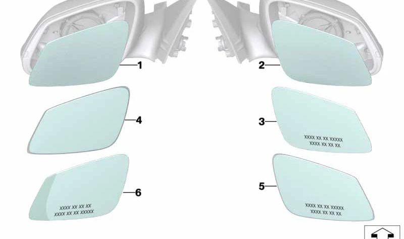 Beheiztes Weitwinkelspiegelglas rechts für BMW F20, F21, F22, F23, F87, F30, F31, F34, F32, F33, F36, I01 (OEM 51167405762). Original BMW