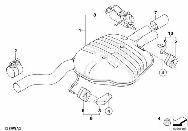 Silenciador trasero para BMW Serie 5 E60, E60N (OEM 18307535104). Original BMW.