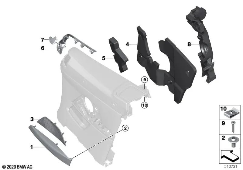 Coperchio altoparlante posteriore destro per BMW G23, G83 (OEM 51435A11B58). BMW originale.