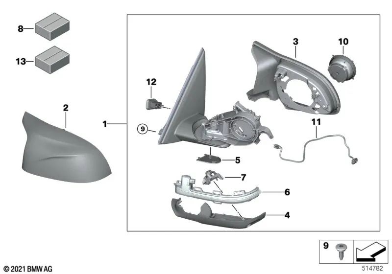 Exterior mirror without heated glass left for BMW F98N (OEM 51168087325). Original BMW