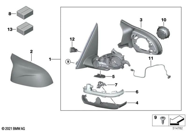 Espejo exterior sin cristal calefactado izquierdo para BMW F98N (OEM 51168087325). Original BMW