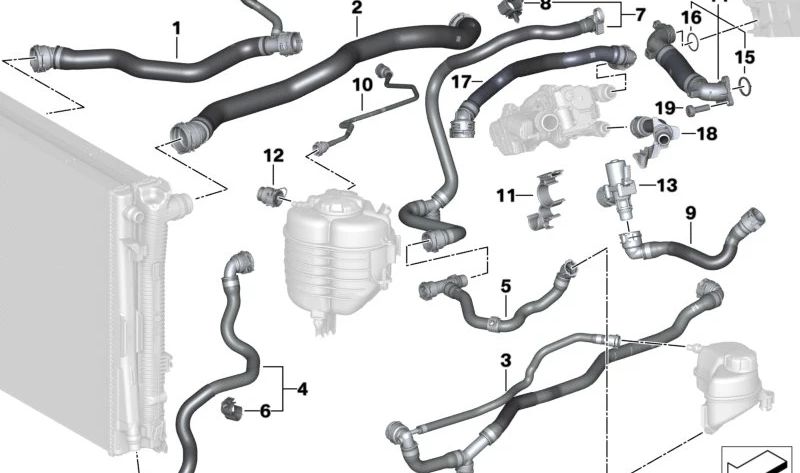 Manguera Termostato-Bomba de Refrigerante para BMW Serie 2 G42, Serie 3 G20, G21, G28, Serie 4 G22, G23, G26, Serie 5 G30, G31, G38, Serie 6 G32, Serie 7 G11N, G12N, X3 G01, G08, X4 G02, X5 G05, X6 G06, Z4 G29 (OEM 11538650981). Original BMW