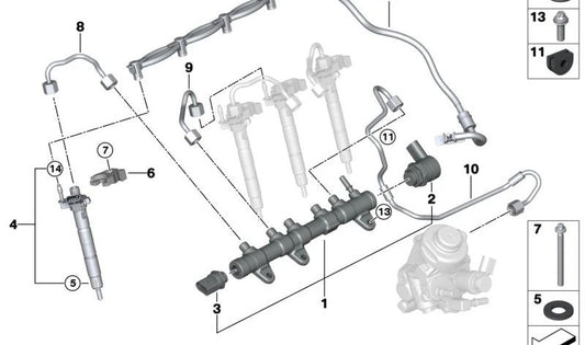 Pressure pipe for BMW 1 Series F20N, F21N, 2 Series F22, F23, 3 Series F30, F31, F34, 4 Series F32, F33, F36, 5 Series F10N, F11N, G30, G31, 7 Series G11, G12, X1 F48, X2 F39, X3 F25, G01, X4 F26, G02, X5 F15, G05 (OEM 13538580298). Original BMW.