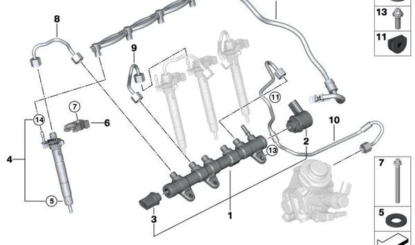 Tubería de presión para BMW Serie 1 F20N, F21N, Serie 2 F22, F23, Serie 3 F30, F31, F34, Serie 4 F32, F33, F36, Serie 5 F10N, F11N, G30, G31, Serie 7 G11, G12, X1 F48, X2 F39, X3 F25, G01, X4 F26, G02, X5 F15, G05 (OEM 13538580298). Original BMW.