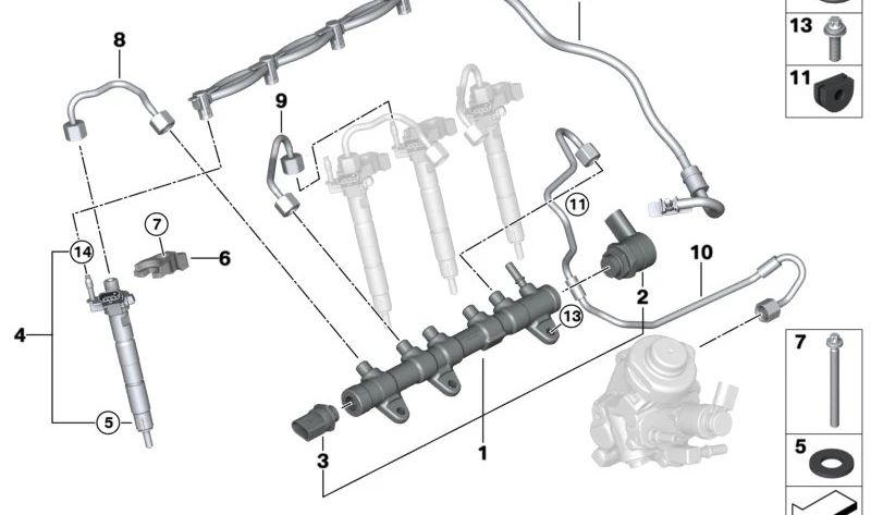 Tubería de presión para BMW Serie 1 F20N, F21N, Serie 2 F22, F23, Serie 3 F30N, F31N, F34N, Serie 4 F32, F33, F36, Serie 5 G30, G31, Serie 7 G11, G12, X1 F48, X2 F39, X3 G01, X4 G02, X5 F15, G05 (OEM 13538580299). Original BMW