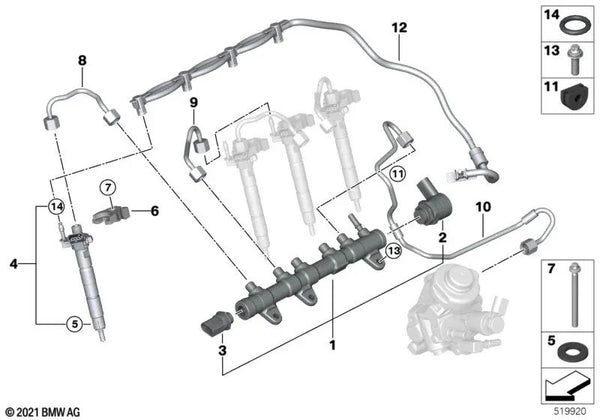 Tubería de alta presión para BMW X1 F48N, X2 F39, X5 G05 (OEM 13538588882). Original BMW