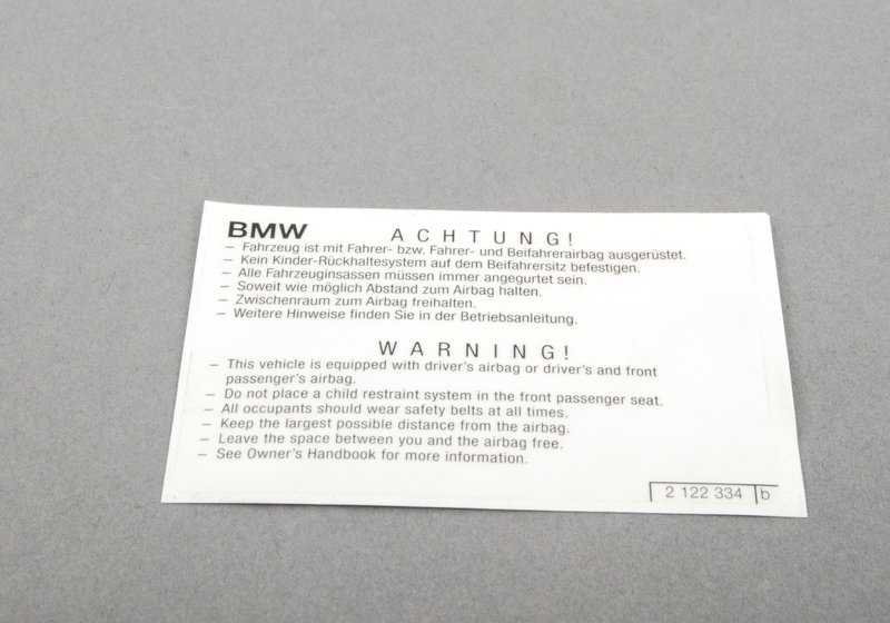 Cartel de Advertencia de Airbag para BMW E81, E82, E87, E88, F20, F21, E36, E46, E90, E91, E92, E93, E34, E39, E60, E61, F07, F10, F11, F12, F13, F01, F02, F04, E31, E84, E83, F25, E53, E70, E71, E72, E85, E86, E89, E52 (OEM 71212122334). Original BMW.