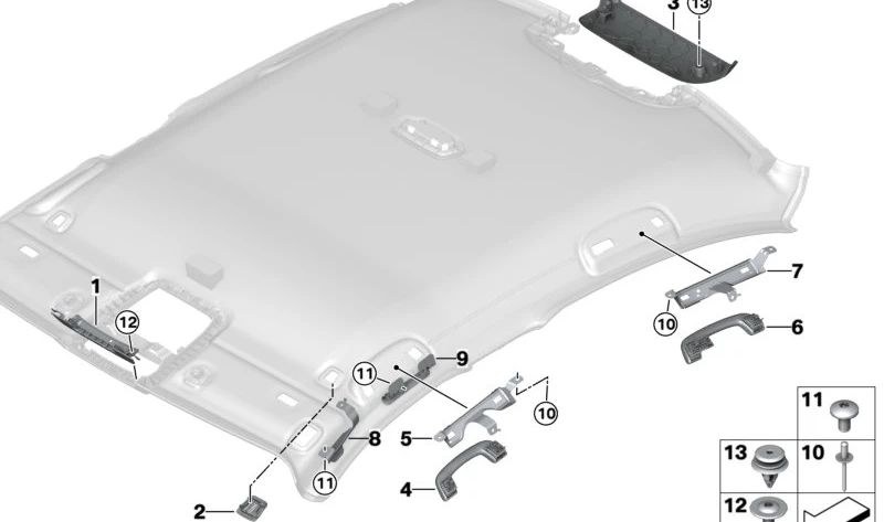 Manico del tetto anteriore OEM 51167475741 per BMW G20, G21, G30, G31, G38, G32, G11, G12, G01, G08, G05, G07. BMW originale.