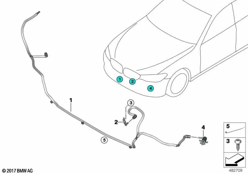 Tubería del sistema de limpieza de faros para BMW Serie 5 G30, G31, G38 (OEM 61667388764). Original BMW