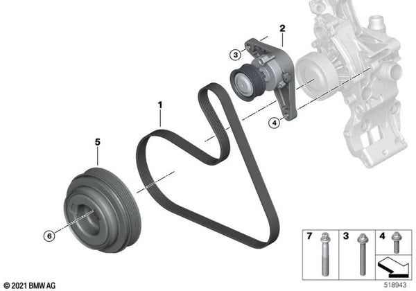 Correa de accesorios para BMW Serie 2 U06, Serie 5 G60, X1 U11 (OEM 11287952905). Original BMW