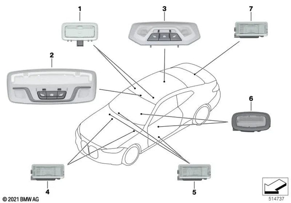 Luz de lectura interior LED delantera para BMW Serie 4 G23, Serie 8 F91, G14, Z4 G29 (OEM 63317910811). Original BMW