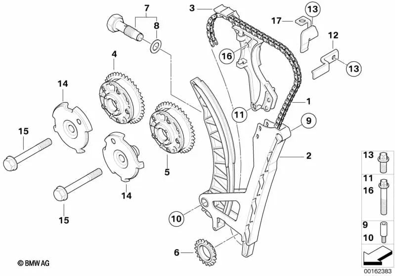 Guía y tensor para BMW Serie 1 E81, E82, E87, E87N, E88; Serie 3 E46, E90, E91, E92, E93; Serie 5 E60N; X1 E84; X3 E83; Z4 E85 (OEM 11317512520). Original BMW