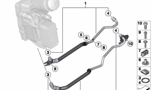 Tubo de aceite del radiador de la transmisión OEM 17227823998 para BMW F10, F11, F01, F02, E70, F15, E71, F16. Original BMW