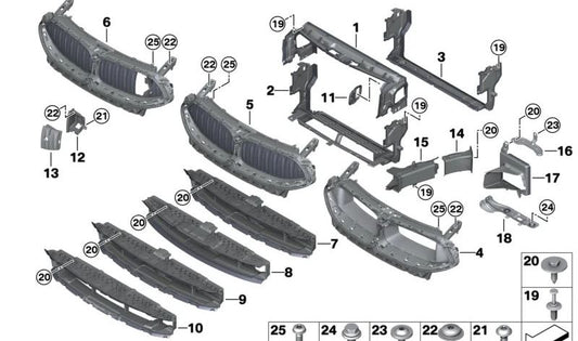 Soporte adicional para radiador superior derecho OEM 51647357220 para BMW F90, G30, G31, G32, G11, G12, F91, F92, F93, G14, G15, G16. Original BMW.