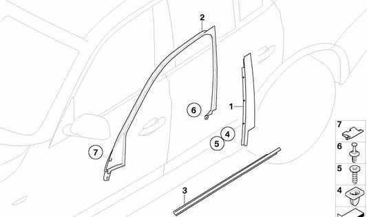 Cubierta del marco de la ventana puerta delantera derecha para BMW X3 E83, E83N (OEM 51103330210). Original BMW