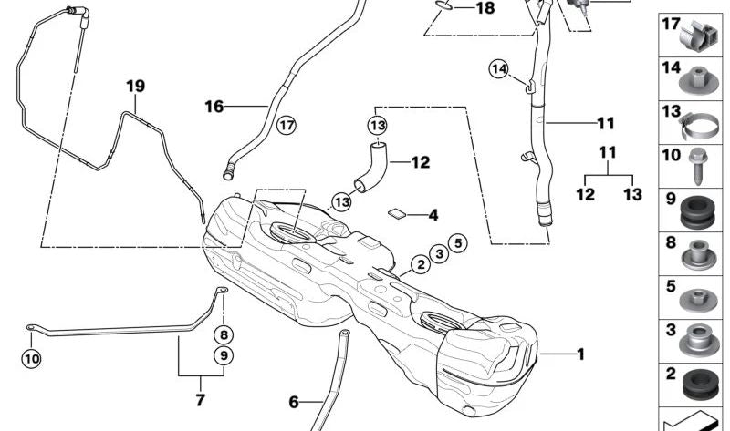 Tubo de llenado de combustible de plástico OEM 16117203748 para BMW E81, E87. Original BMW.