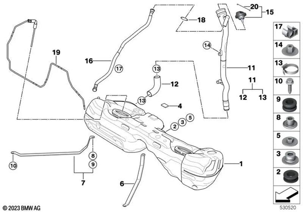 Depósito de combustible de plástico para BMW Serie 3 E90, E90N, E91, E91N, E92, E92N, E93, E93N, X1 E84 (OEM 16117283802). Original BMW.