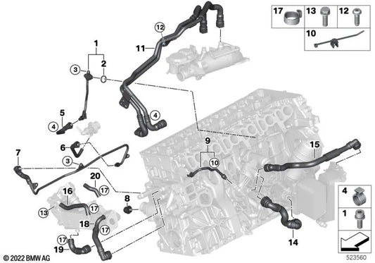 Manguera Termostato-Enfriador AGR para BMW G20, G20N, G21, G30, G30N, G31, G31N, G32, G32N, G11, G11N, G12, G12N, G14, G15, G16, G01, G01N, G02, G02N, G05, G06, G07 (OEM 11718576800). Original BMW