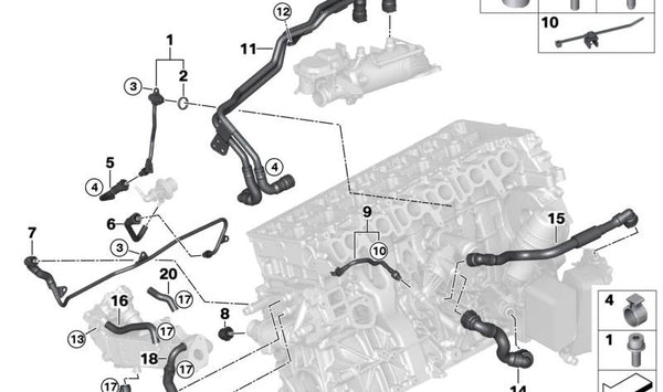 Tubería AGR Enfriador-Termostato para BMW Series G20, G21, G30, G31, G32, G11, G12, G14, G15, G16, G01, G02, G05, G06, G07 (OEM 11538571601). Original BMW