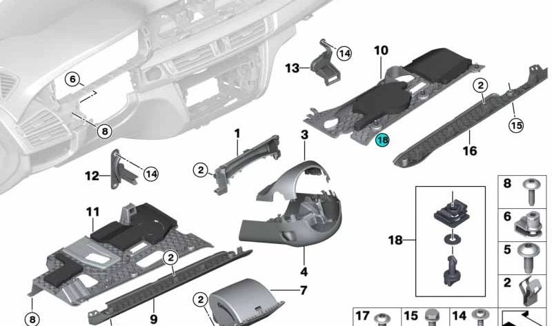 Soporte revestimiento zona reposapiés OEM 51459276277 para BMW F15, F85, F16, F86. Original BMW.