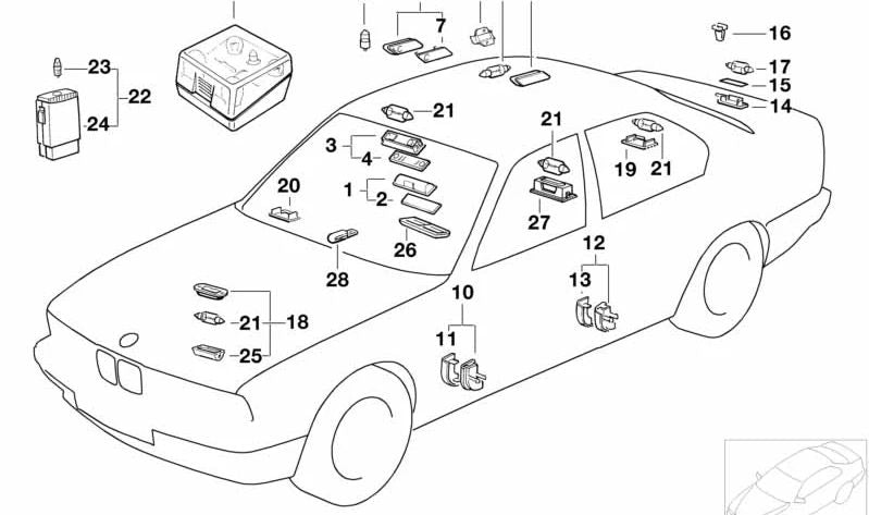 Rechte vordere Fußleuchte OEM 63311374426 für BMW E32. Original BMW.