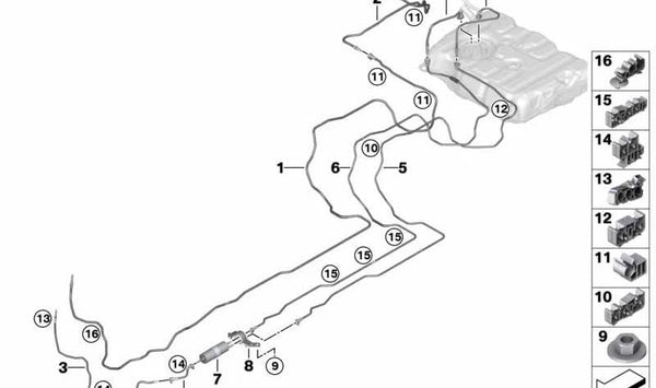 Tubería de retorno de combustible trasera OEM 16127356598 para BMW G38, G12. Original BMW.