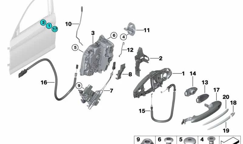 Cable del tirador exterior de la puerta delantero para BMW Serie 5 G38, G38N (OEM 51217450096). Original BMW