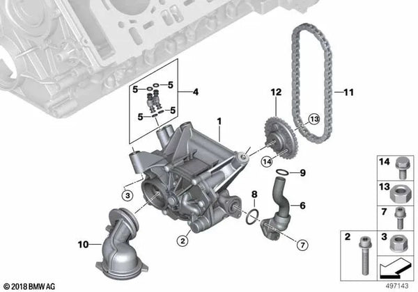 Conducto de Aceite de Alimentación para BMW Serie 5 G30, G31, Serie 7 G11, G12, Serie 8 G14, G15, X5 G05, X6 G06, X7 G07 (OEM 11418648786). Original BMW