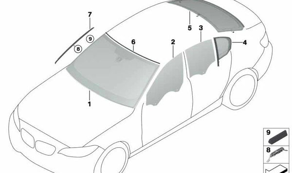 Cristal de puerta trasera izquierda OEM 51352456432 para BMW Serie 1 Sedán (F52). Original BMW.