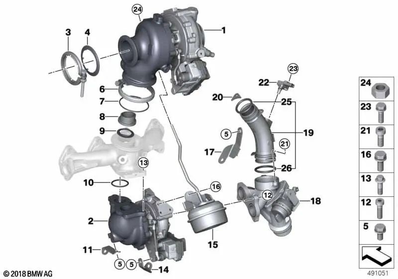 Soporte de turbocompresor para BMW X1 F48, X2 F39 (OEM 11658516096). Original BMW