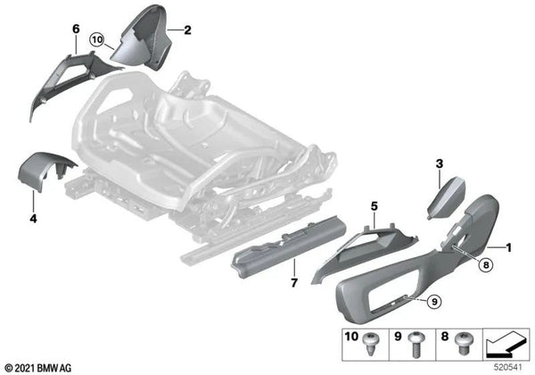 Cubierta del asiento exterior izquierda para BMW Serie 3 G80, G81, Serie 4 G82, G83, Serie 5 F90N, Serie 8 F91, F92, F93, G14, G15, G16 (OEM 52107493659). Original BMW