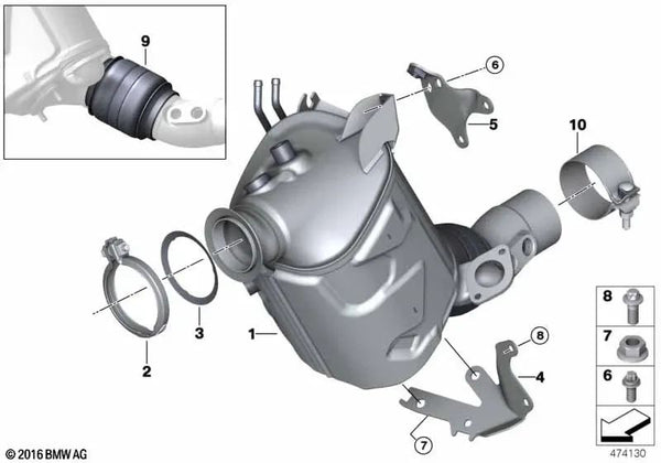 Soporte cercano al motor del catalizador para BMW G42, G20, G21, G28, G22, G23, G26, G30, G31, G32, G11, G12, G01, G02, G05 (OEM 18208579603). Original BMW.