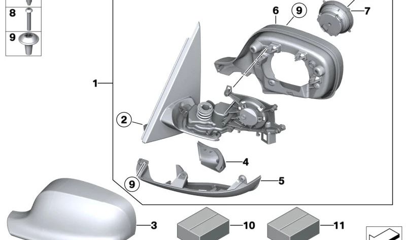 Espejo exterior sin vidrio calefactado derecho para BMW X3 F25 (OEM 51167264102). Original BMW