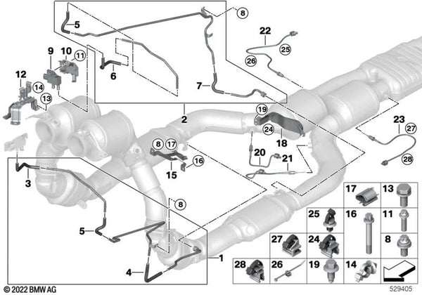 Sensor de temperatura de los gases de escape para BMW F95N, G05N, F96N, G06N, G07, G07N (OEM 13629453720). Original BMW