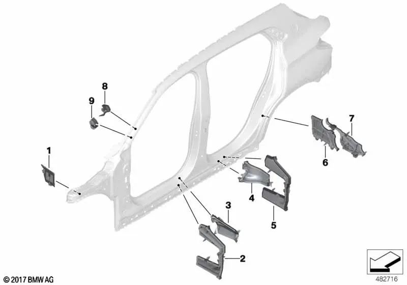 Left rear outer column B-shape part for BMW F39 (OEM 41007423995). Genuine BMW