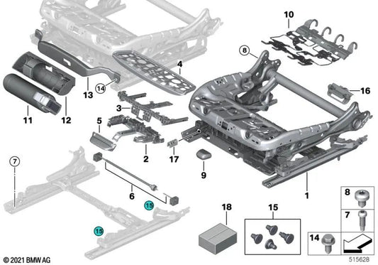 Mecanismo de soporte superior del muslo para BMW Serie 5 F07N, F10N, F11N, F18N, F90, G30, G31, Serie 6 G32, Serie 7 F01N, F02N, X5 F15, F85, G05, X6 F16, F86, G06, X7 G07 (OEM 52107424508). Original BMW