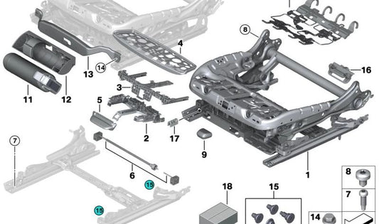 Mecanismo de ajuste para extensión de asiento OEM 52107424507 para BMW F07, F10, F11, F18, F90, G30, G31, G32, F01, F02, F15, G05, F85, F16, G06, F86, G07. Original BMW.