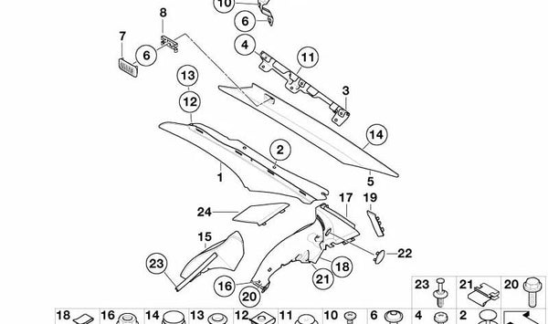 Cubierta de iluminación del pilar C izquierda para BMW Serie 7 E65, E66 (OEM 63316914253). Original BMW