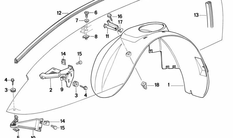 Cubierta interior del paso de rueda delantero izquierdo OEM 51712290053 para BMW Z1. Original BMW.