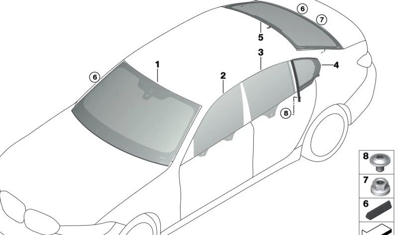 O vidro lateral fixo para a porta traseira esquerda OEM 51358499261 para BMW 3 G28 Series (Modelos Compatíveis: 320i, 330i, M340i). BMW original.