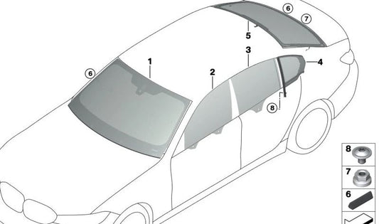 Cristal lateral fijo para puerta trasera izquierda OEM 51358499261 para BMW Serie 3 G28 (modelos compatibles: 320i, 330i, M340i). Original BMW.