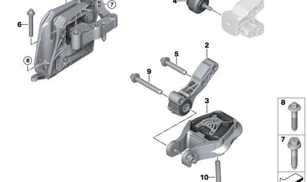 Soporte motor derecho OEM 22119423374 para BMW F70, U06, U11, U10, U25. Original BMW.