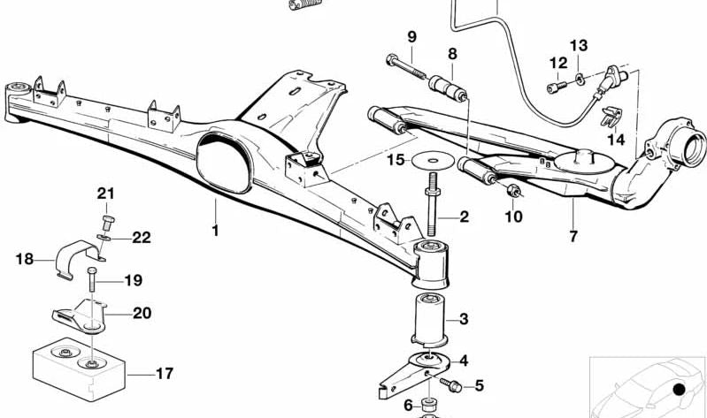 Soporte elástico trasero OEM 33311090946 para BMW E36 (316i, 318i, 320i, 323i, 325i, 328i, M3). Original BMW.