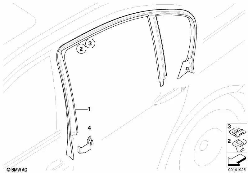 Cubierta del marco de la ventana puerta trasera derecha para BMW Serie 3 E90, E90N (OEM 51347120802). Original BMW